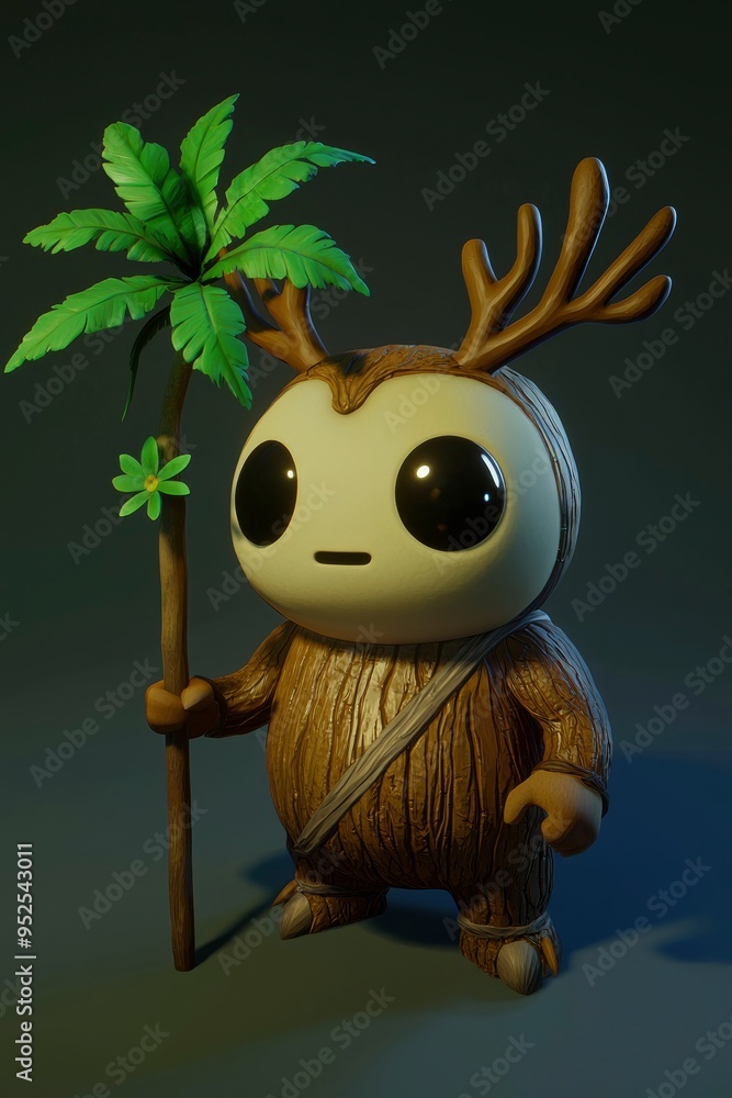 Sticker Cute Wooden Creature Holding a Palm Tree Stick