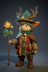 Fototapeta premium Cute Fantasy Character with Antlers and Staff