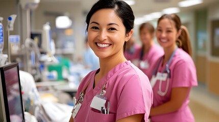 Smiling Female Nurse in Pink Scrubs in Hospital Room