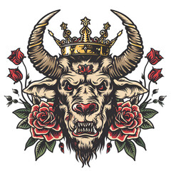 Fototapeta premium Minotaur wearing a Crown flower angry very simple traditional tattoo flash styles illustration