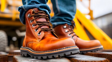 Close Up of Brown Leather Boots with Yellow Laces on Wood