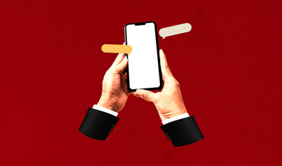 Hands holding smartphones texting. Mobile phone and message box with black screen on red background. Art collage digital pop modern art.