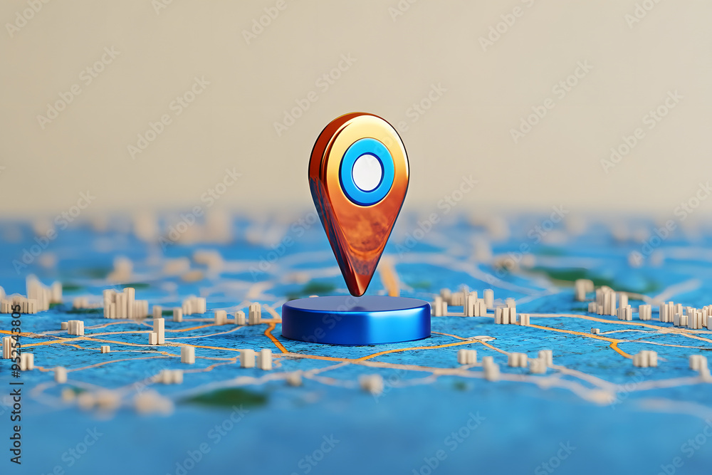 Poster search location pin on blue navigation 3d map background with gps address navigator direction mark s