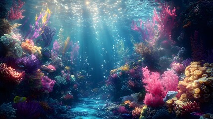 Fototapeta premium Underwater world filled with mermaids coral gardens and sunbeams filtering through the water Vivid and fantastical with vibrant colors fluid shapes realistic 3D marine life
