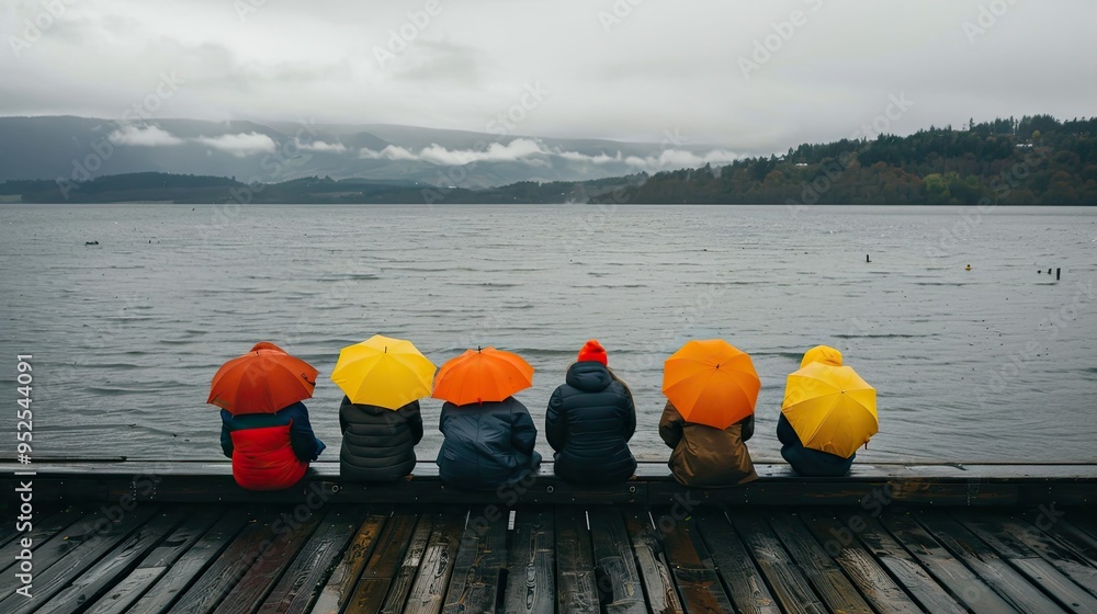 Sticker people with colorful umbrellas looking at dark gray clouds