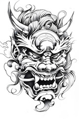 Momotaro Mask very simple traditional tattoo flash styles illustration