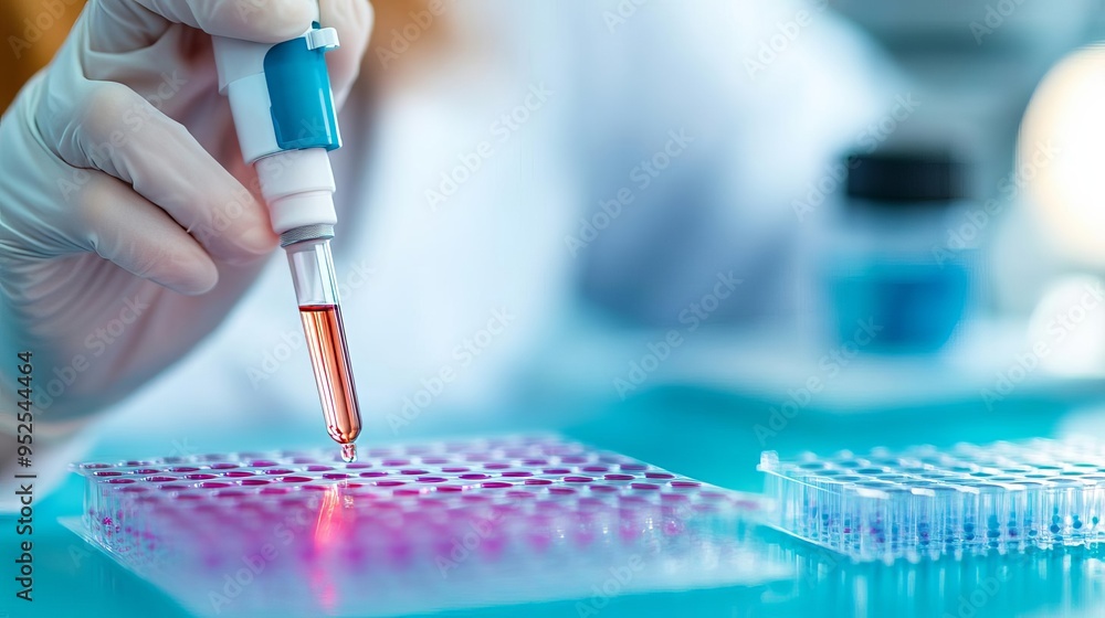 Wall mural researcher using microarray plates for high-throughput cell analysis, parallel testing, biotech adva