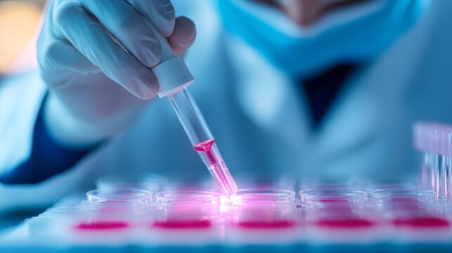 Researcher using microarray plates for high-throughput cell analysis, parallel testing, biotech advancement