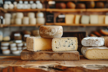 Cheese on display at a cheese shop. Selective focus.
