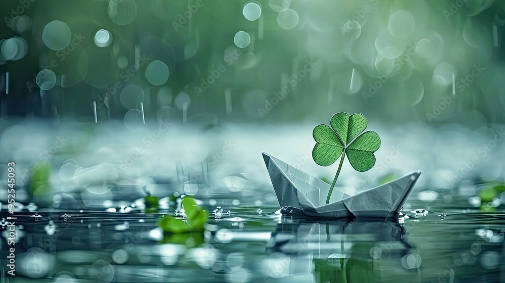 Sticker A paper boat with a four-leaf clover floating in the rain