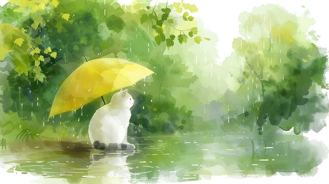 Cute white cat holding yellow umbrella
