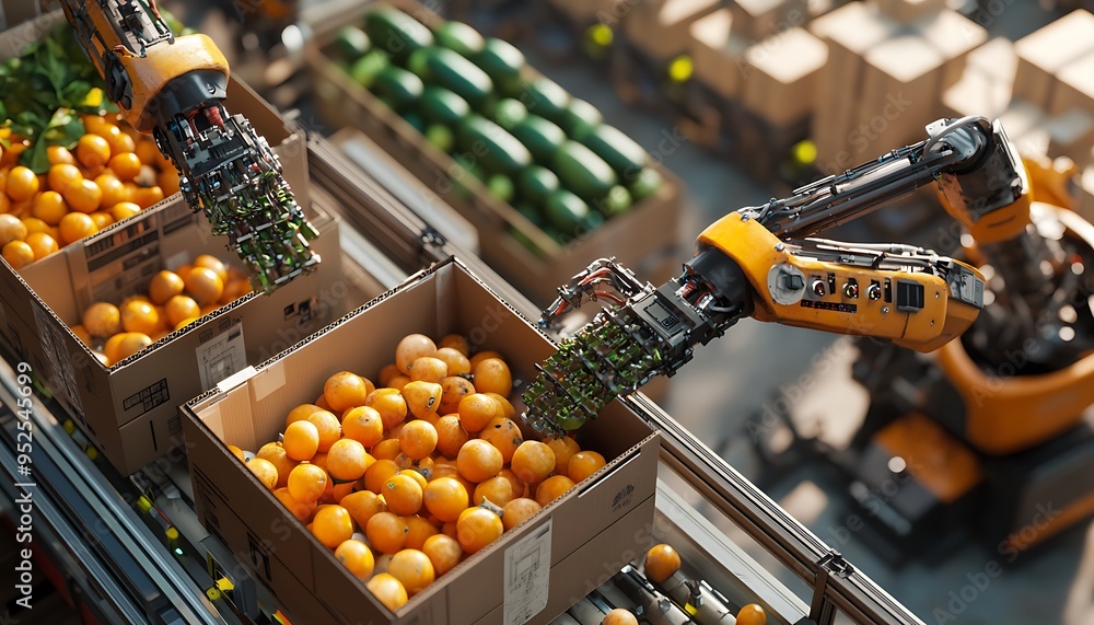 Poster robotic arms sorting and packing fresh produce on brightly lit food processing factory floor