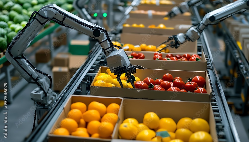 Poster robotic arms sorting and packing fresh produce on brightly lit food processing factory floor