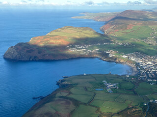 Aerial view of the lovely little fishing port of Port Erin on the coast of the Isle of Man