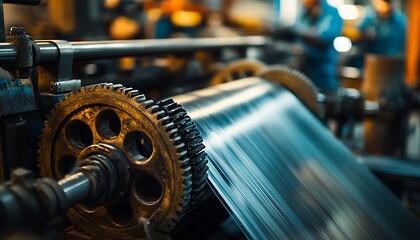 Fototapeta premium Industrial Printing Press Processing Metal Sheets with Visible Rollers and Gears