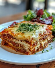 Lasagna Delight: A mouthwatering close-up of a freshly baked lasagna, layered with rich tomato sauce, melted cheese, and tender pasta, garnished with fresh parsley.