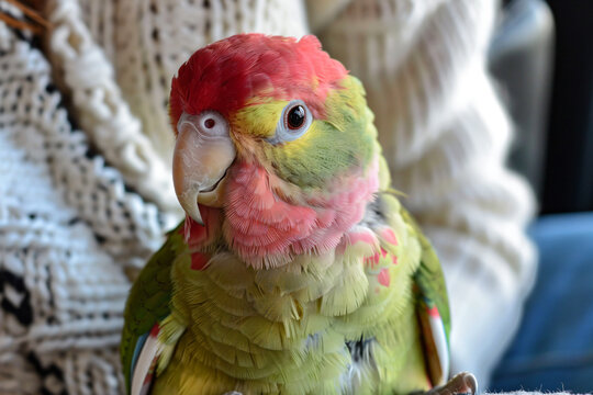 a parrot with a red head and green feathers