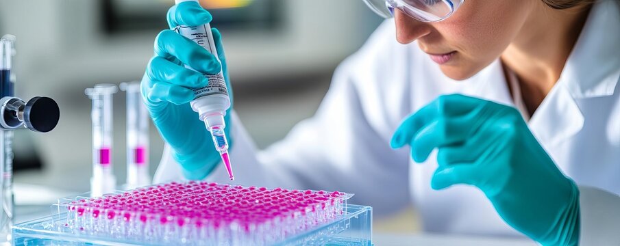 Lab technician performing serial dilutions for cell seeding, experimental setup, cell culture