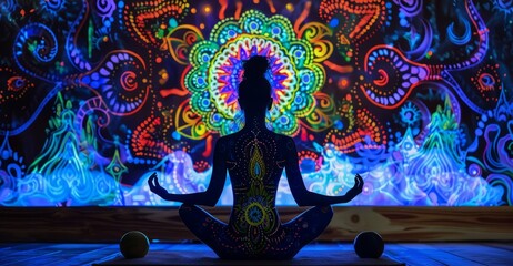 Enlightened Silhouette Woman Meditating Against Vibrant Psychedelic Blacklight Artwork spiritual background