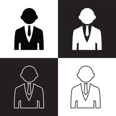 Businessman person icon.  filled and outline version, human silhouette outline and filled vector sign. Symbol, logo illustration. Different style icons set.  isolated on black background. Vector 