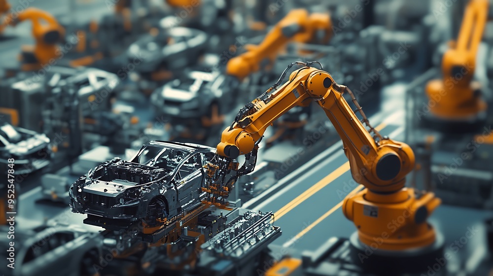 Poster high-angle view of robotic arms assembling car parts on automotive factory floor