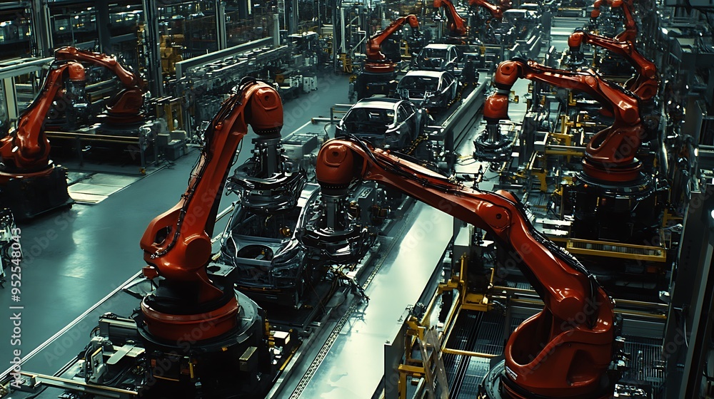 Poster high-angle view of robotic arms assembling car parts on automotive factory floor