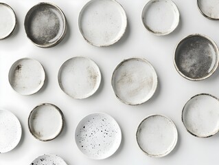 Mismatched Rustic Ceramic Plates Displayed Against a Clean White Backdrop with Subtle Artisanal Details
