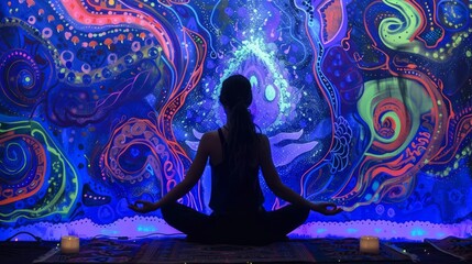 Woman Meditating Against Vibrant Psychedelic Blacklight Artwork spiritual background