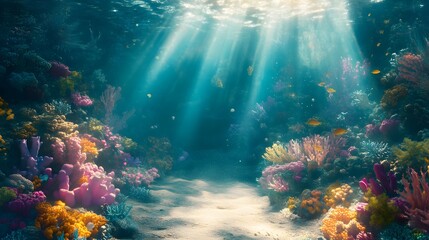Underwater world filled with mermaids coral gardens and sunlight streaming through the water Vivid fantastical with vibrant colors fluid shapes realistic 3D marine life