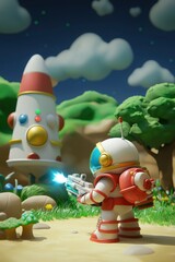 Astronaut Aiming at Spaceship in Cartoon Landscape