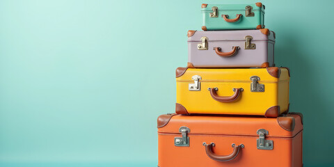 Fototapeta premium a stack of multicolored suitcases on a colored background
