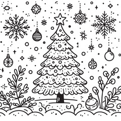 Winter country landscape in continuous line art drawing style, christmas coloring page