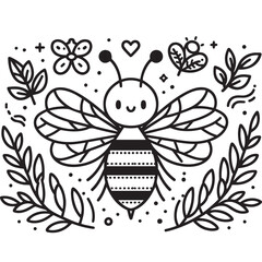 Cute bee set. Color, black and white, silhouette bee collection. Vector illustration for drawing