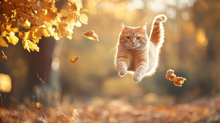 Orange Tabby Cat Leaping Through Golden Autumn Leaves