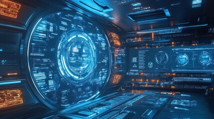 Obraz premium Futuristic Spaceship Interior with Glowing Blue Digital Interfaces