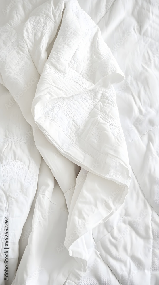 Poster pristine white bed sheets with intricate stitching and delicate patterns on stark white backdrop