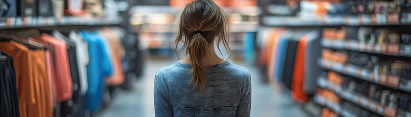 Shopper Trying on Clothes in Store concept as Candid shot of a shopper trying on clothes in the middle of a store aisle during Black Friday capturing the spontaneous and carefree nature of the shoppin