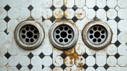 Fototapeta premium Three dirty holes in a white tile floor