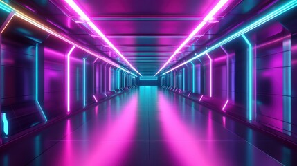 Fototapeta premium Futuristic Neon-Lit Corridor with Reflective Floor