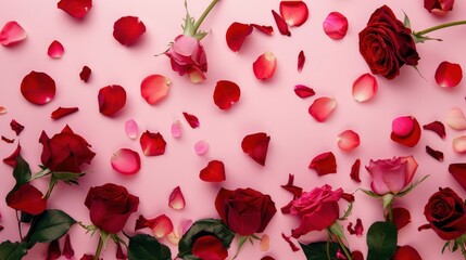 Roses and Petals on Pink Background