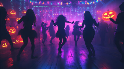 3D Candid Halloween Dance Party concept as A candid shot of people dancing in costume at a Halloween party with vibrant lights and festive decorations. The scene captures the energy and fun perfect fo