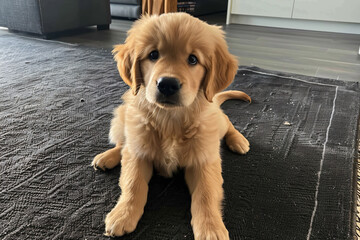 a puppy sitting on a rug in a living room