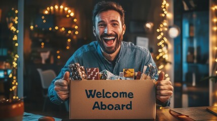 Man excitedly opening a Welcome Aboard box at his desk, filled with office supplies and goodies, congratulation messages for new job in office.