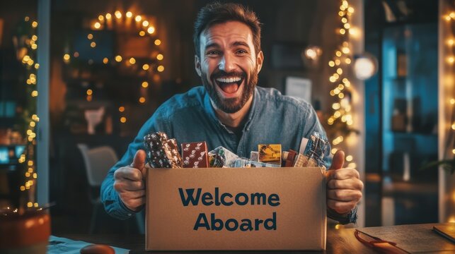 Man excitedly opening a Welcome Aboard box at his desk, filled with office supplies and goodies, congratulation messages for new job in office. - Powered by Adobe
