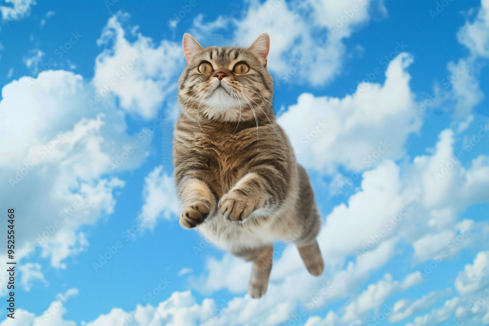 Sticker a cat is flying through the air in the sky