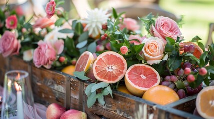 Dessert table at an outdoor wedding showcases pastel-colored cupcakes and fruits