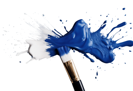 Blue and white paint brush stroke smear color texture swatch with brush isolated on transparent background