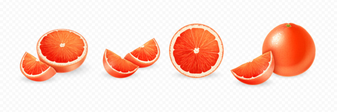 Realistic grapefruits. Set of whole, slice, piece of grapefruit isolated on transparent background. Fresh, juicy, ripe citrus collection.
