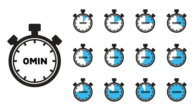 Set of icons Timer in minutes. Timer and stopwatch icons. Countdown timer collection. Clock arrows.