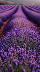 Obraz premium Lavender field with rows of purple flowers, a close up, in a blurred background.